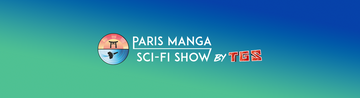 fond dégradé bleu/turquoise et logo de paris manga