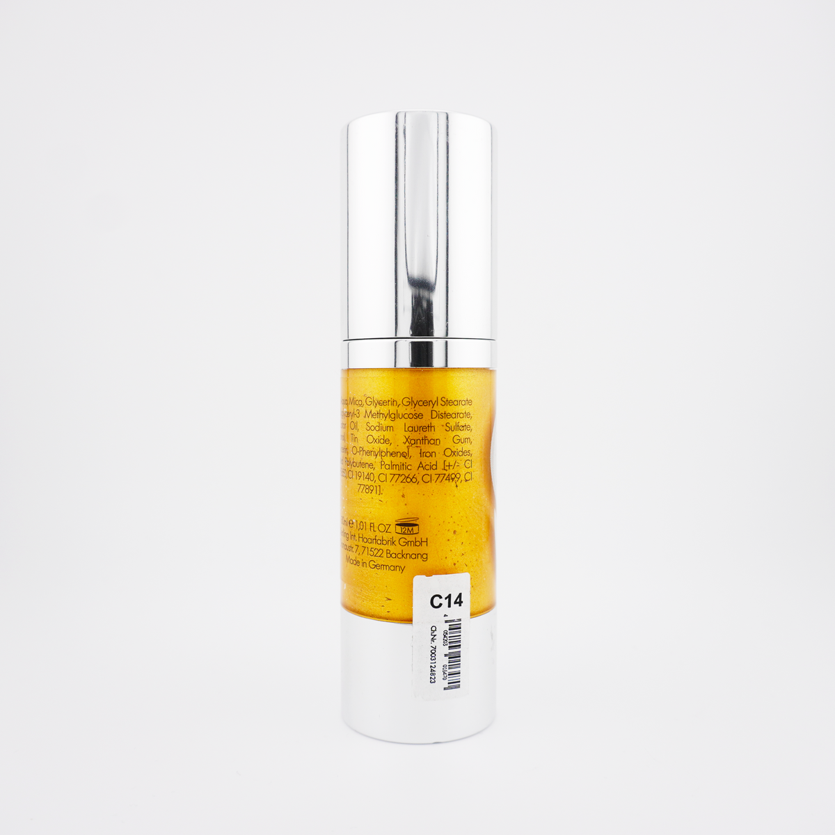 Vue arrière du flacon Kiomi AquaCream Metal C14 – Or, bouchon fermé, étiquette produit visible, bodypaint doré à base d’eau pour visage et corps.