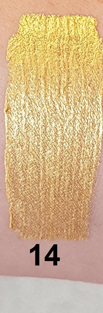 Swatch du bodypaint doré Kiomi C14 appliqué sur la peau – fini métallique éclatant, parfait pour maquillages divins, armures dorées ou personnages luxueux.