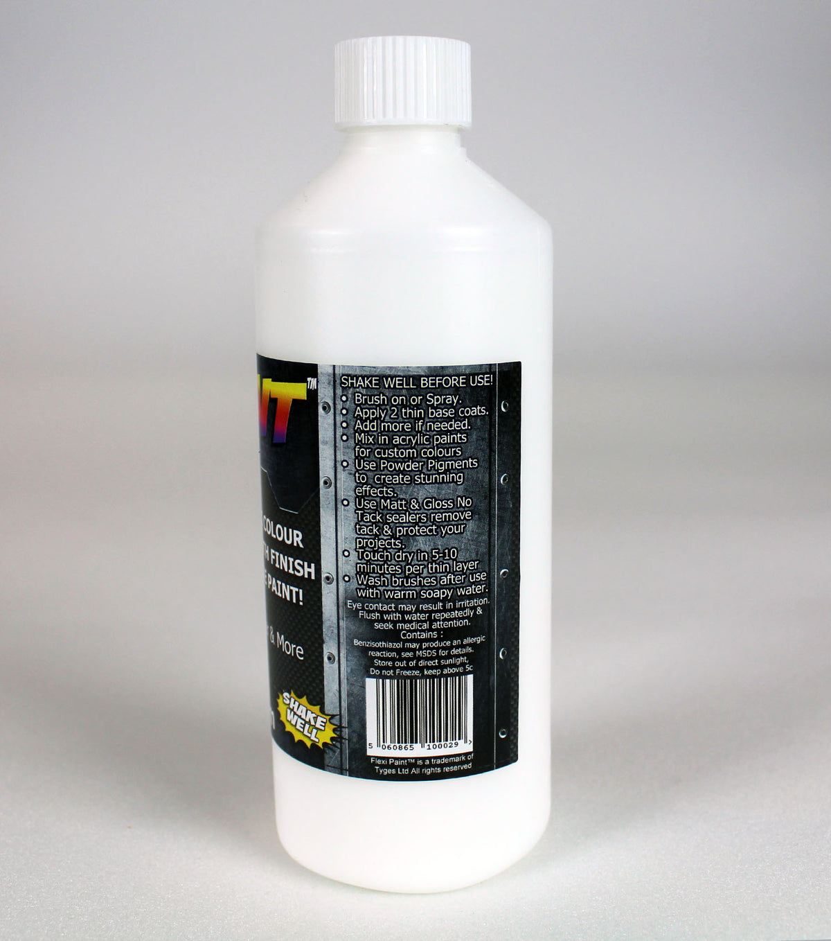 Dos du flacon Flexi Paint Clear – informations techniques et composition de la peinture cosplay transparente, souple et résistante.