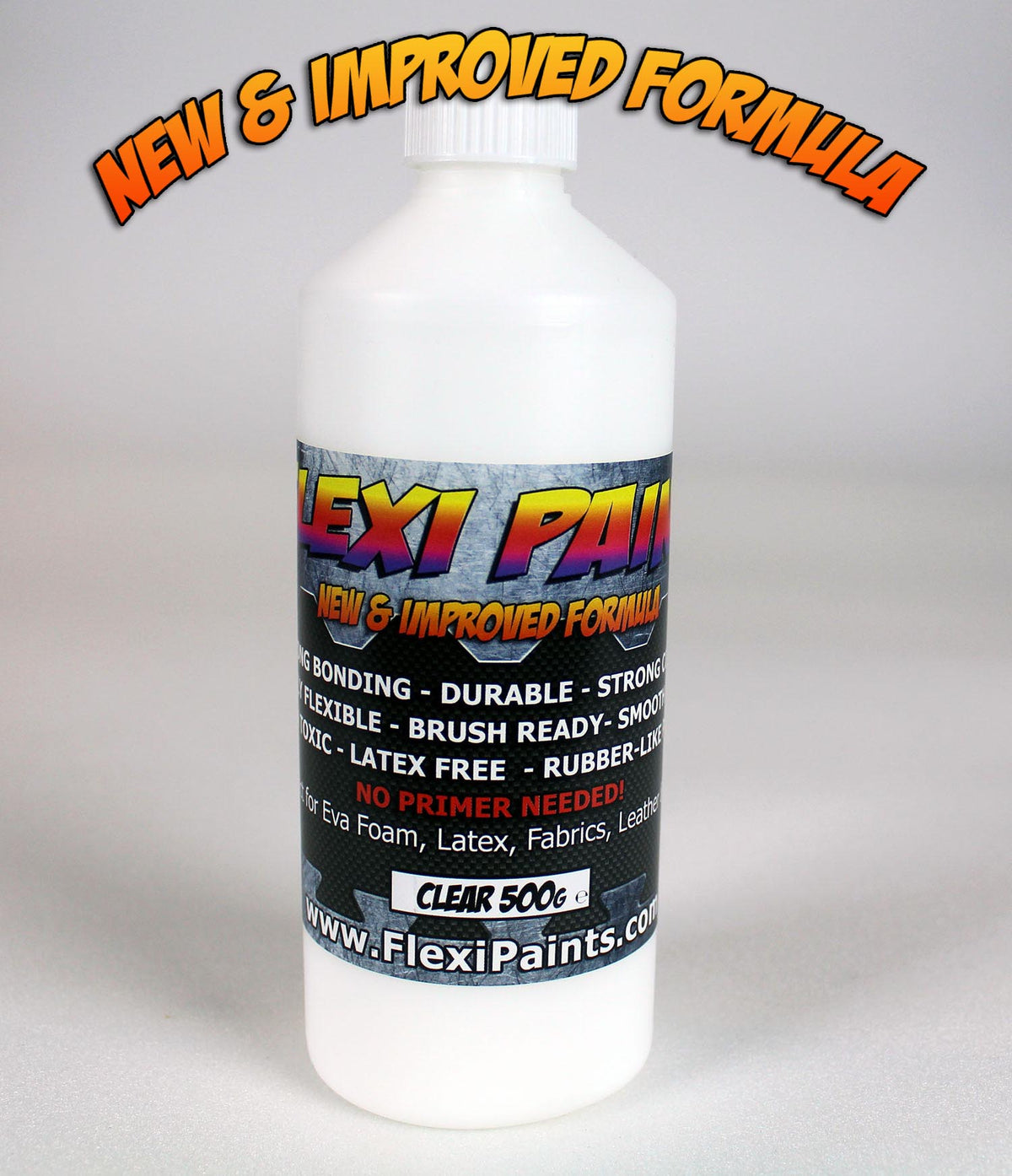 Photo du flacon de Flexi Paint Clear 250g, face avant, étiquette visible – peinture transparente flexible à base d’eau pour mousse EVA et Worbla.