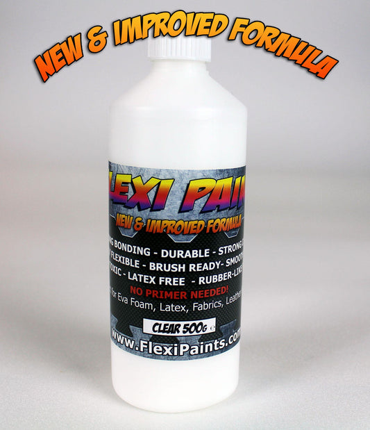 Photo du flacon de Flexi Paint Clear 250g, face avant, étiquette visible – peinture transparente flexible à base d’eau pour mousse EVA et Worbla.