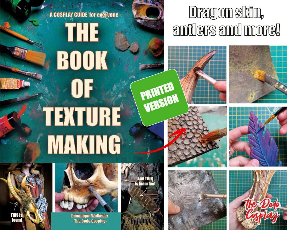 Livre The Book of Texture Making ouvert avec exemple de texture, méthode détaillée pour cosplay et props