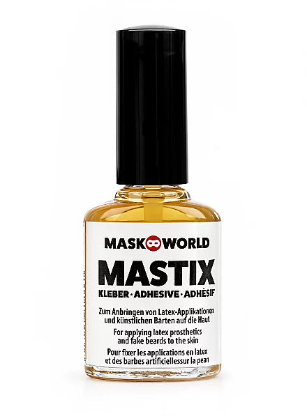 Bouteille en verre de colle à peau Mastix avec un applicateur pinceau intégré, posée sur une surface blanche avec un arrière-plan neutre, illustrant son utilisation pour les effets spéciaux et le maquillage.