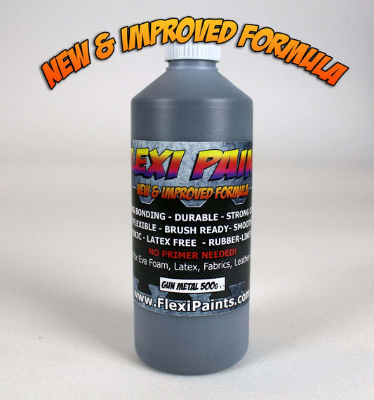 Vue avant du pot de Flexi Paint Gun Metal 500g – peinture métallique souple pour cosplay, compatible mousse EVA et Worbla.