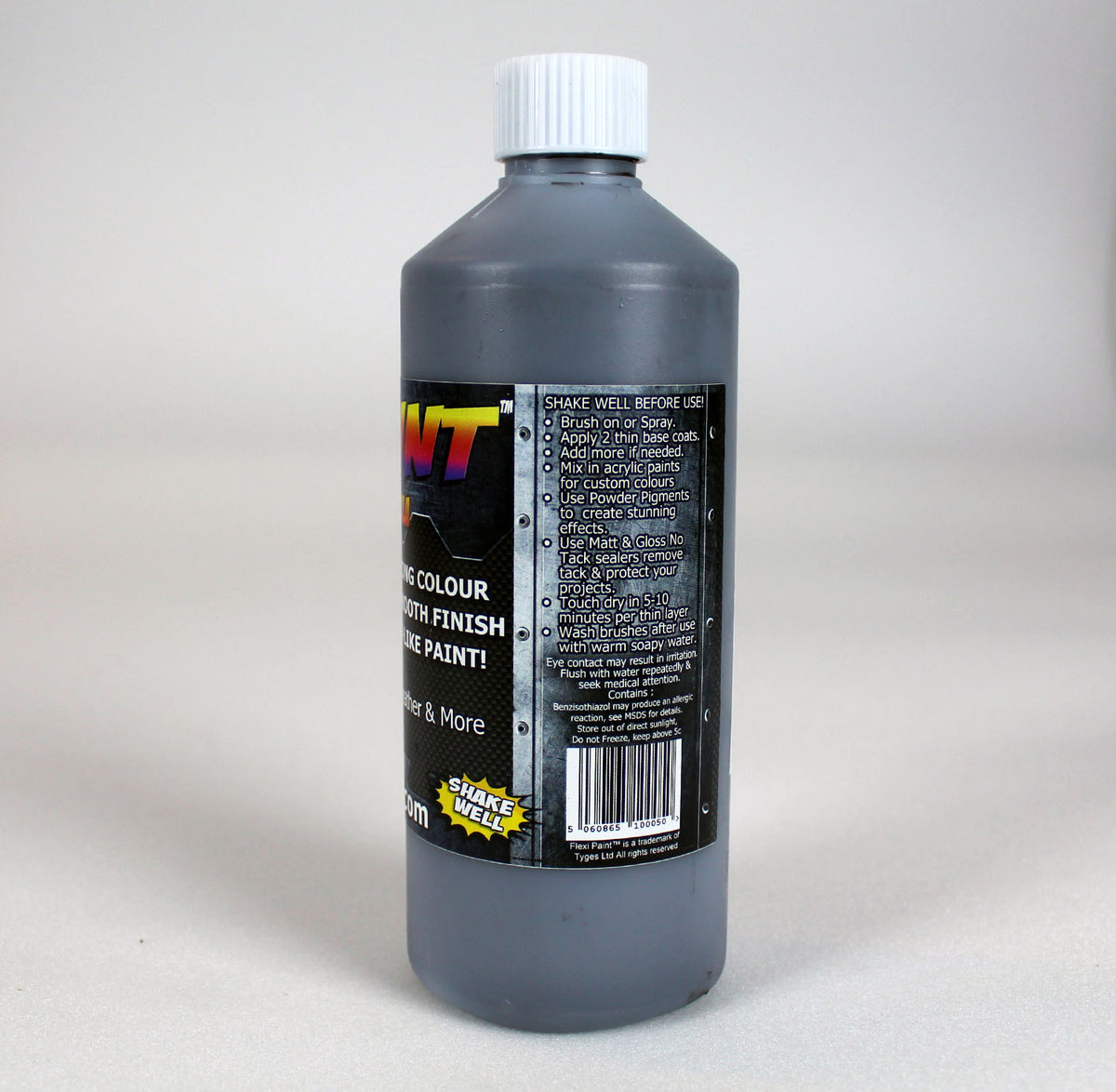 Étiquette arrière du pot Flexi Paint Gun Metal 500g – infos techniques sur la peinture effet métal à base d’eau.