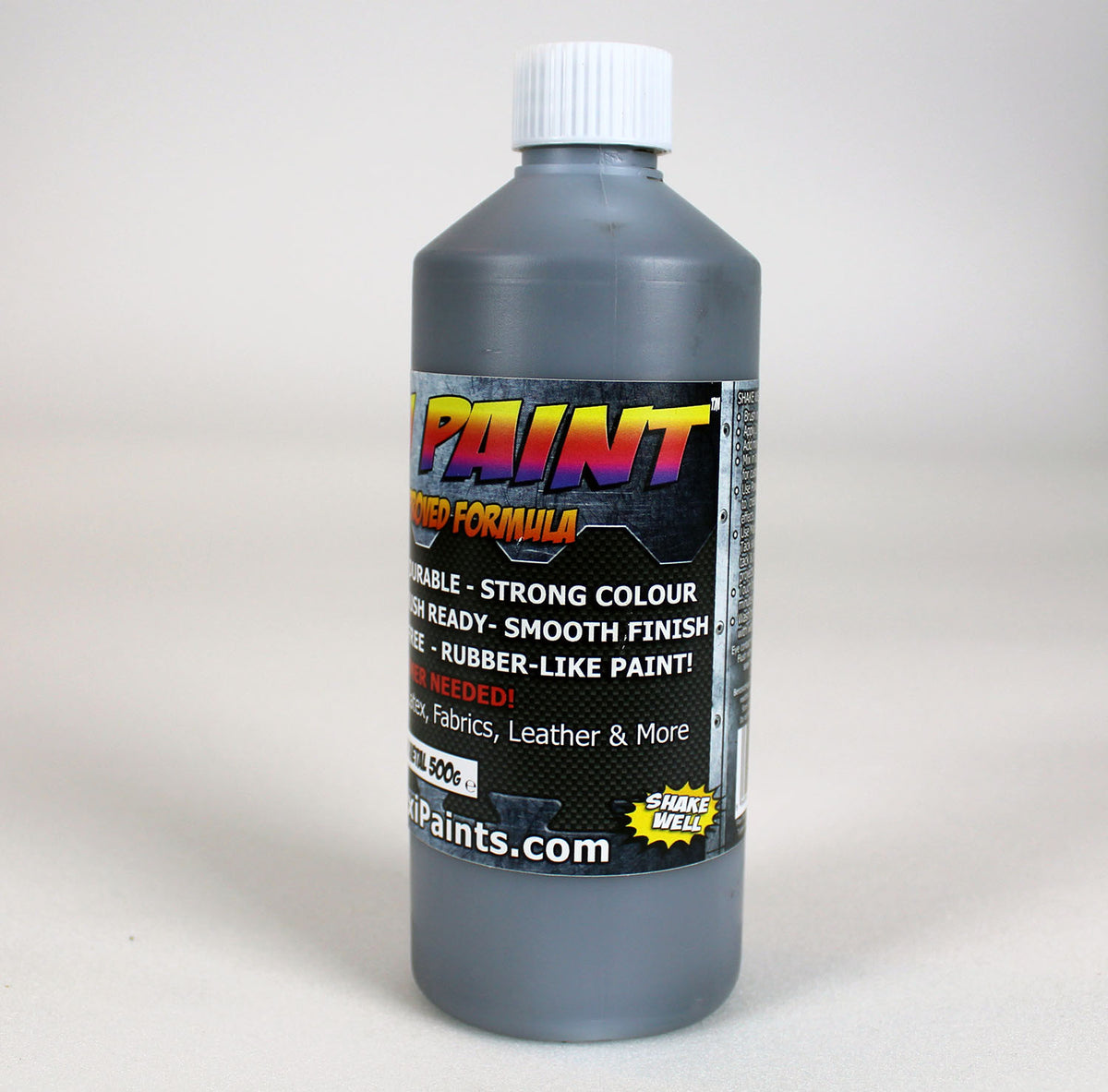 Flacon de 500g Flexipaint Gun Metal vu de face – finition acier foncé, idéale pour armures cosplay et props sci-fi.